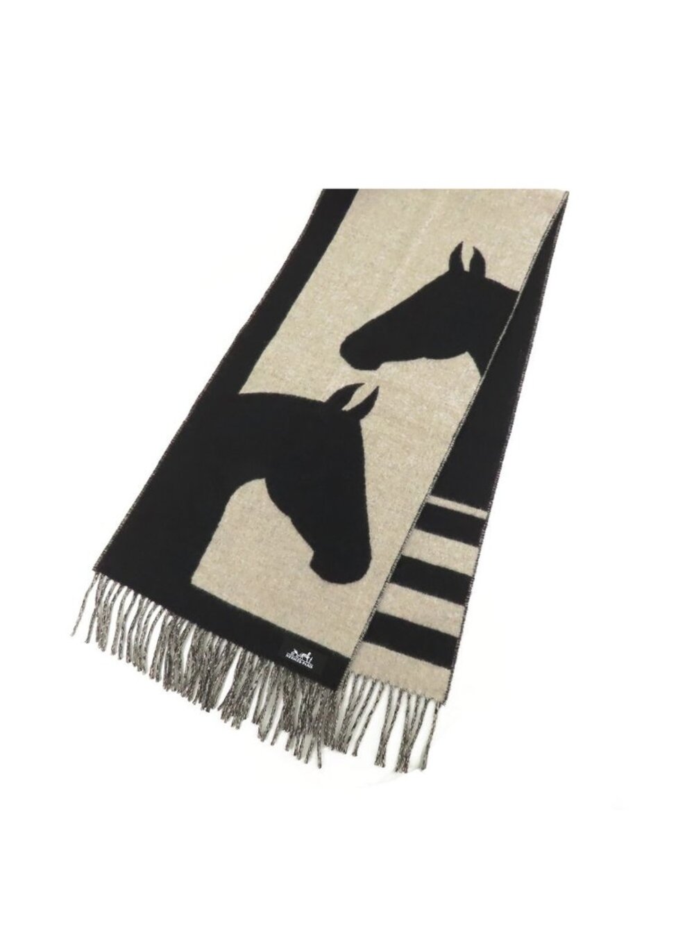 Hermes Love Story Scarf Beige Black Cashmere Shawl